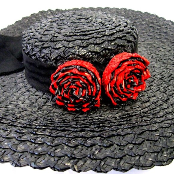 Vintage Large Black Straw Picture Hat with Red Straw Roses and Streamers - Picture 2 of 4